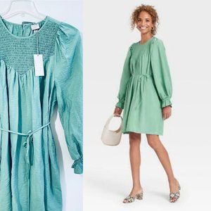 A New Day Women's Long Sleeve Tent Smocked Mini Dress Green Belted XS, S, M